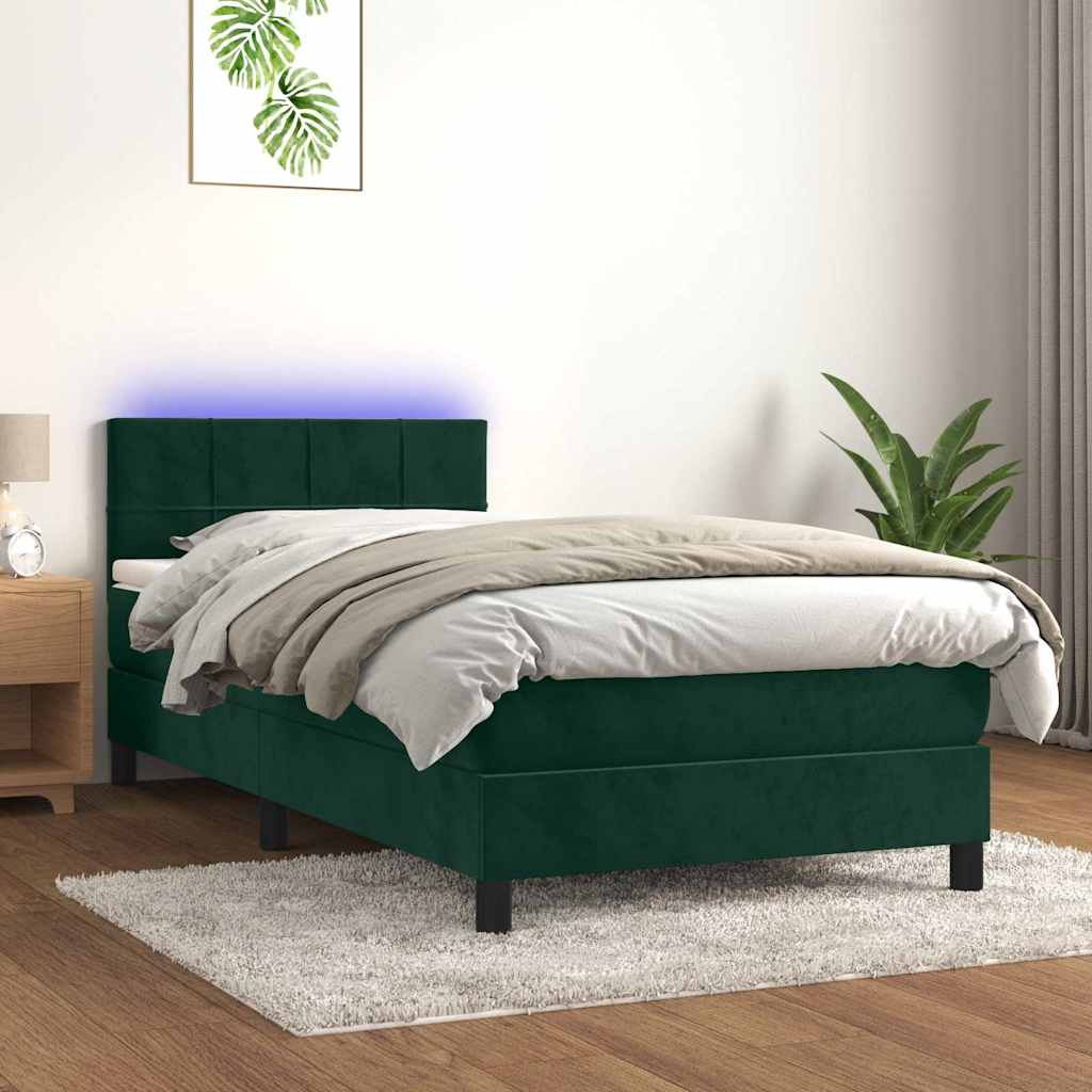 Cama box spring c/ colchão/LED 100x200 cm veludo verde-escuro