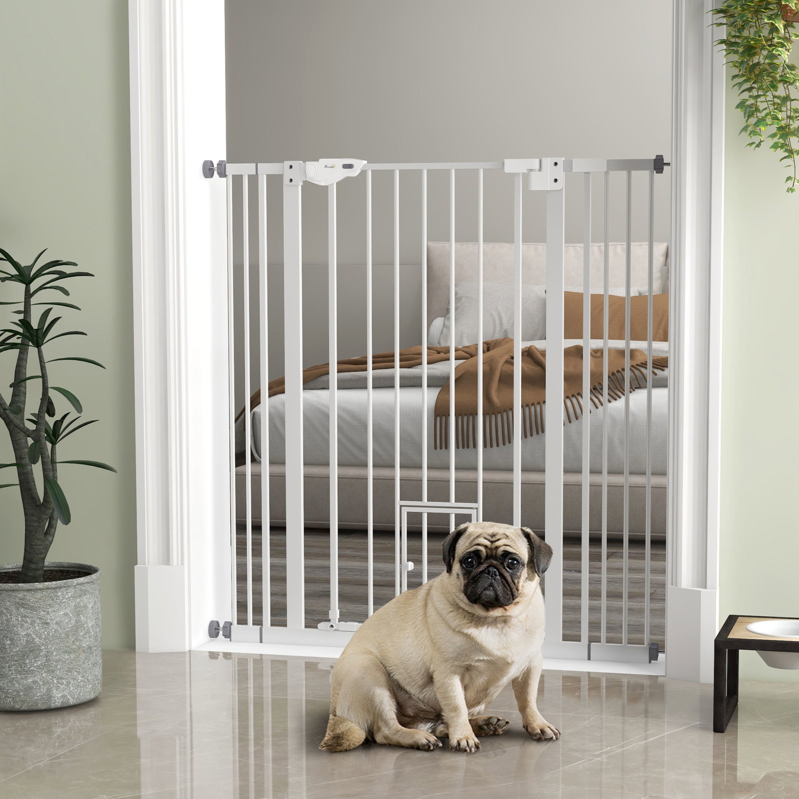 Barreira de segurança para cães com porta pequena fechamento automático e sistema duplo de bloqueio 74-101x104,1 cm branco