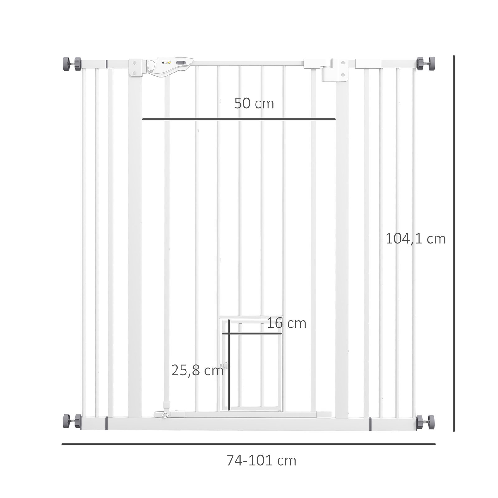 Barreira de segurança para cães com porta pequena fechamento automático e sistema duplo de bloqueio 74-101x104,1 cm branco
