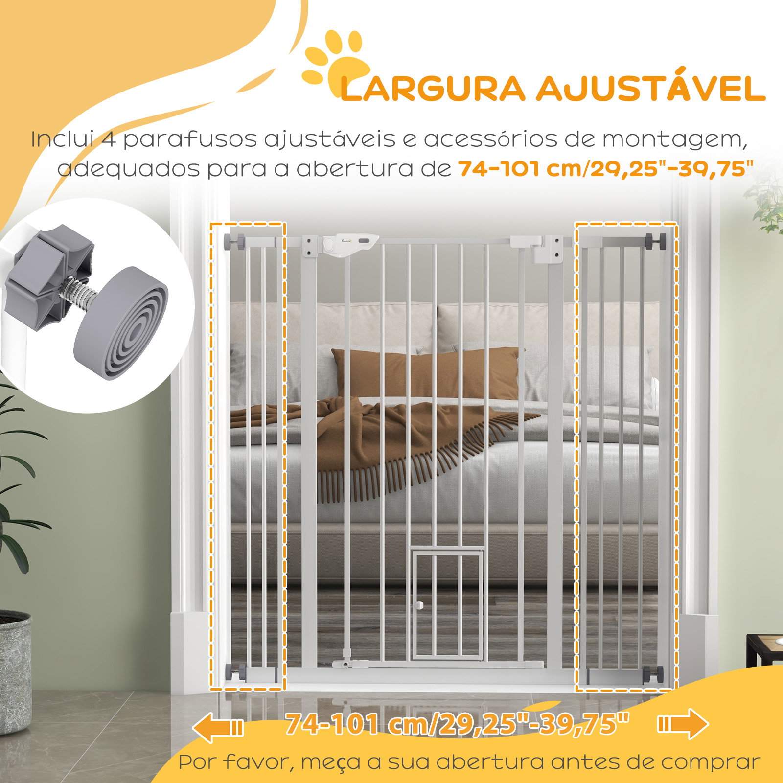 Barreira de segurança para cães com porta pequena fechamento automático e sistema duplo de bloqueio 74-101x104,1 cm branco