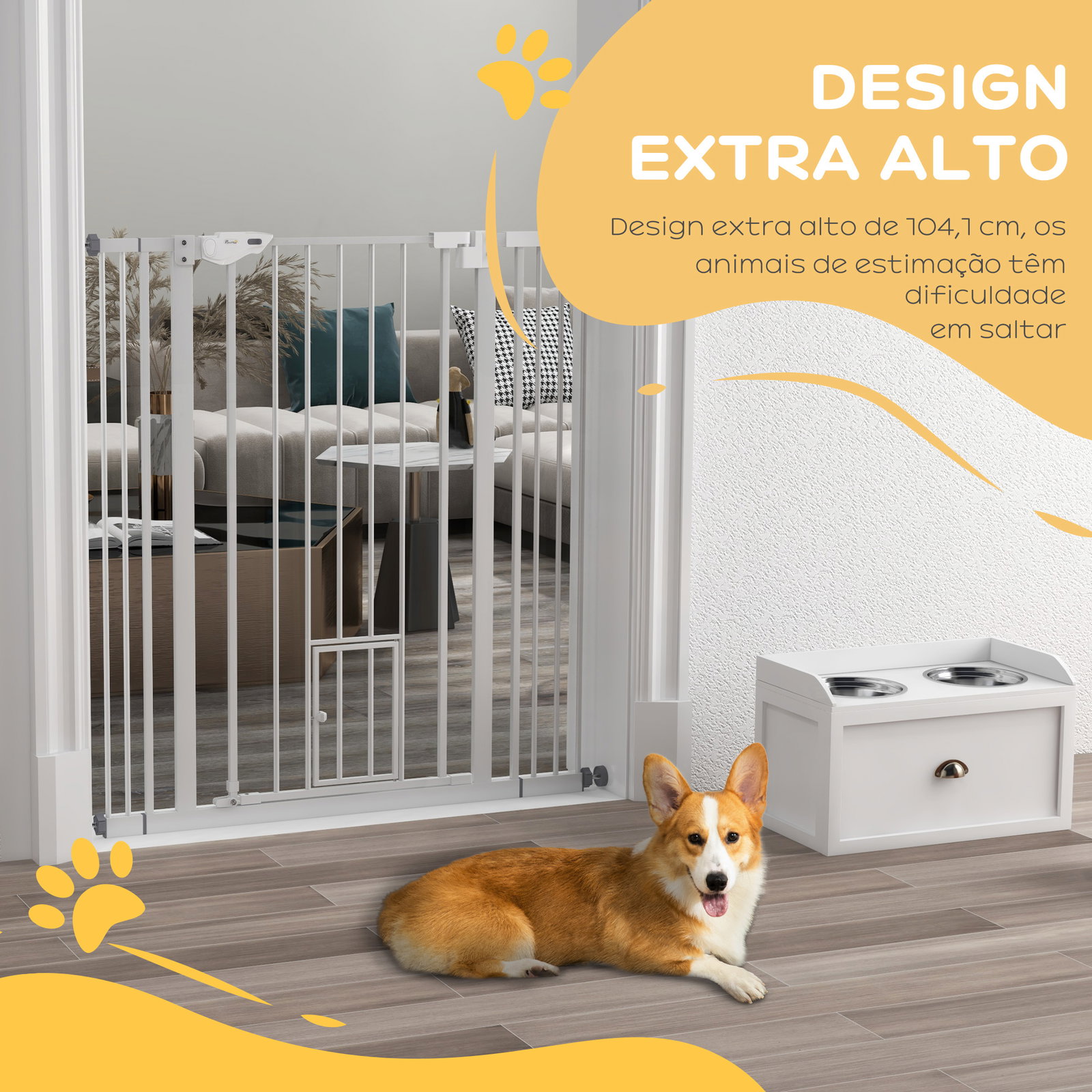 Barreira de segurança para cães com porta pequena fechamento automático e sistema duplo de bloqueio 74-101x104,1 cm branco