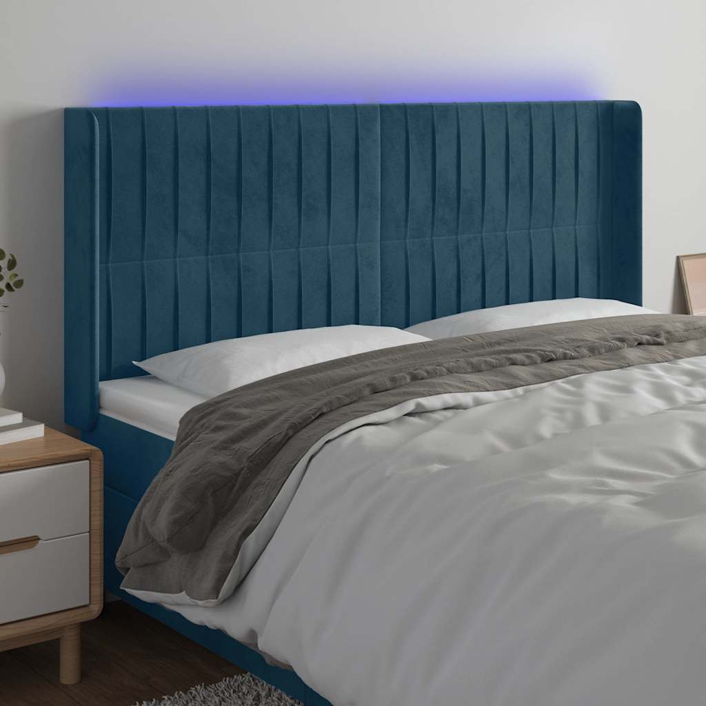 Cabeceira cama c/ luzes LED veludo 203x16x118/128cm azul-escuro