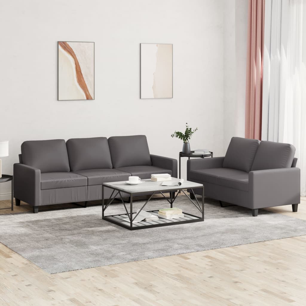 2 Pcs conjunto de sofás c/ almofadões couro artificial cinzento
