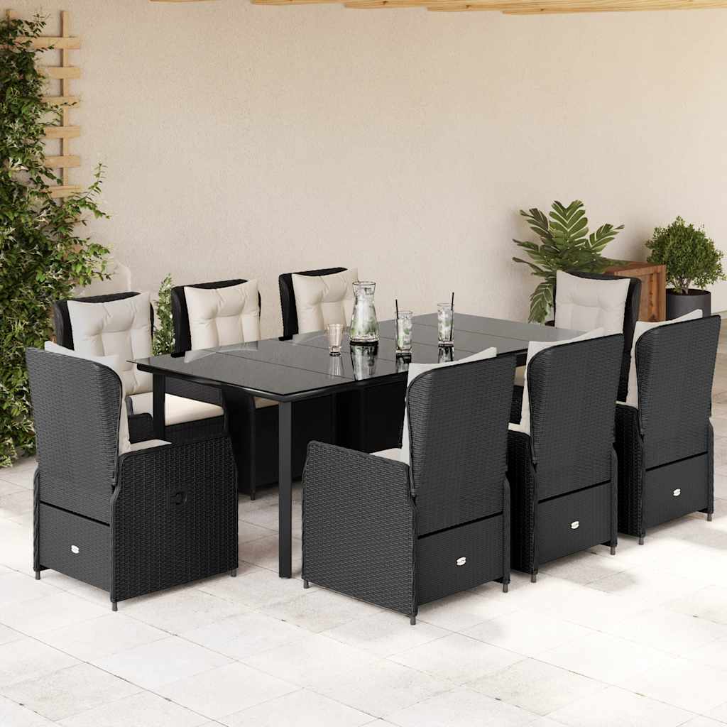 9 Pcs conjunto de jantar p/ jardim c/ almofadões vime PE preto