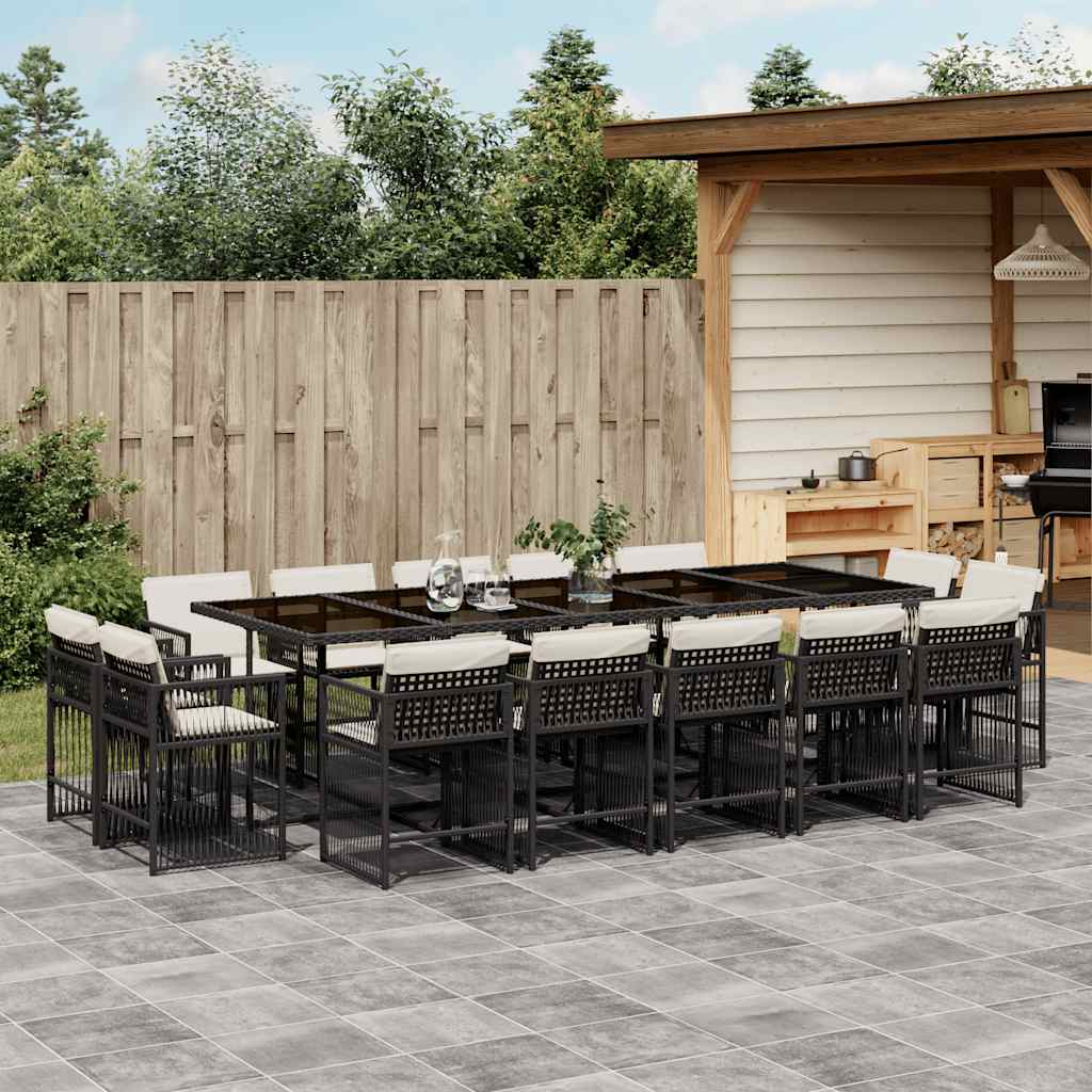 15 Pcs conjunto de jantar p/jardim com almofadões vime PE preto
