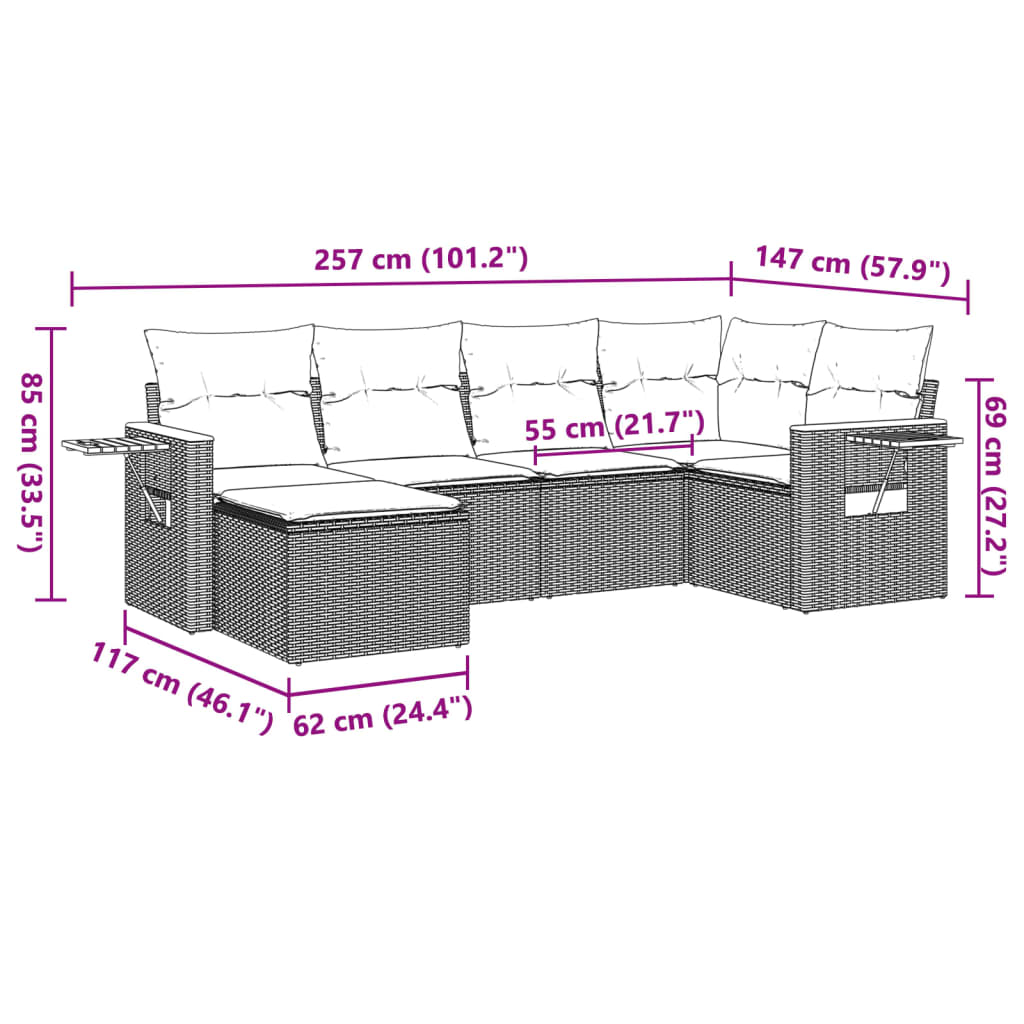 6 Pcs conjunto de sofás p/ jardim com almofadões vime PE bege