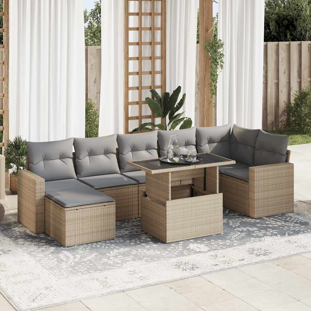 8 Pcs conjunto de sofás p/ jardim com almofadões vime PE bege