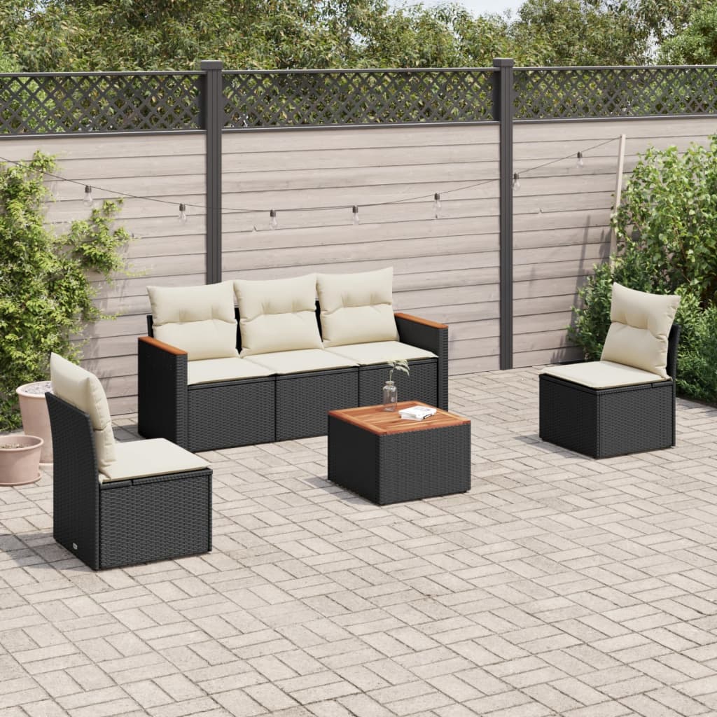 6 Pcs conjunto sofás de jardim c/ almofadões vime PE preto