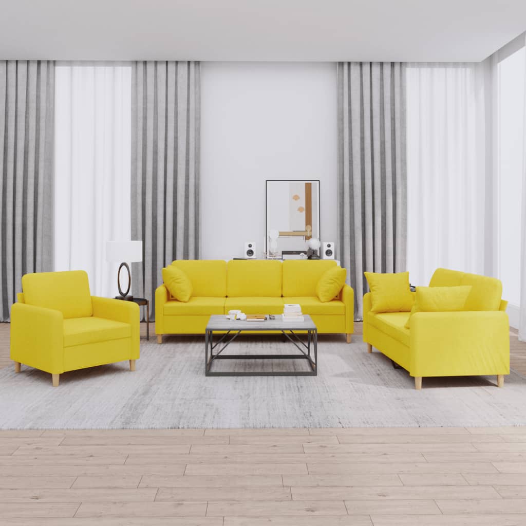 3 Pcs conjunto de sofás com almofadas tecido amarelo-claro