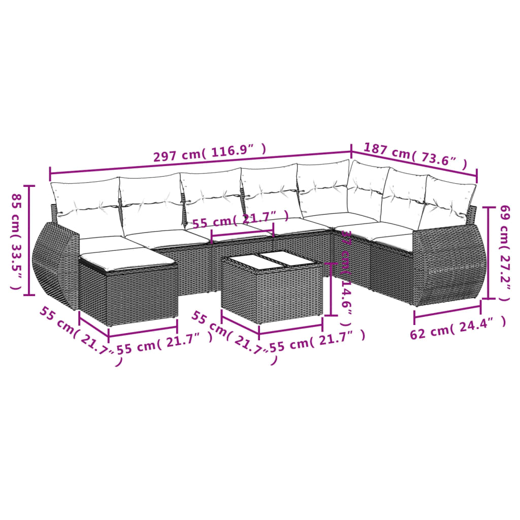 9 Pcs conjunto de sofás p/ jardim c/ almofadões vime PE preto