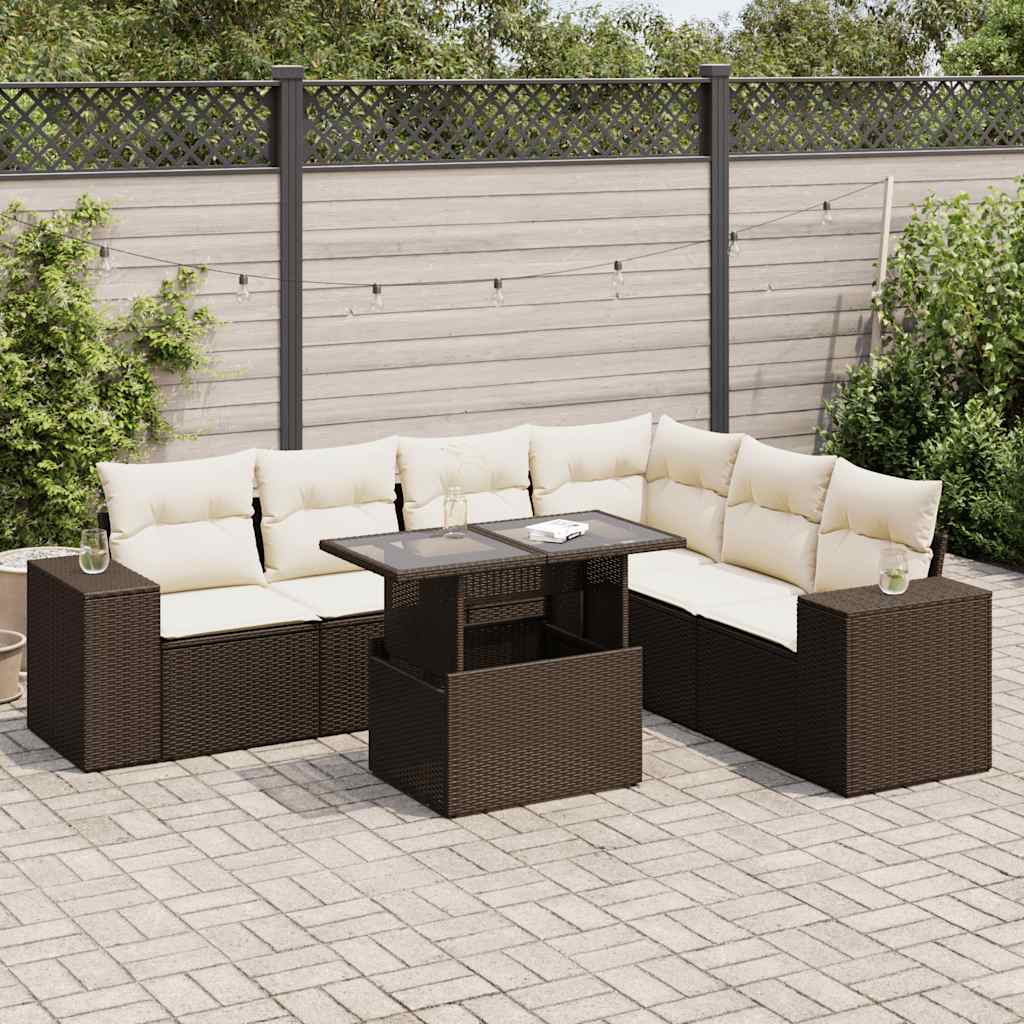 7 Pcs conjunto de sofás jardim c/ almofadões vime PE castanho