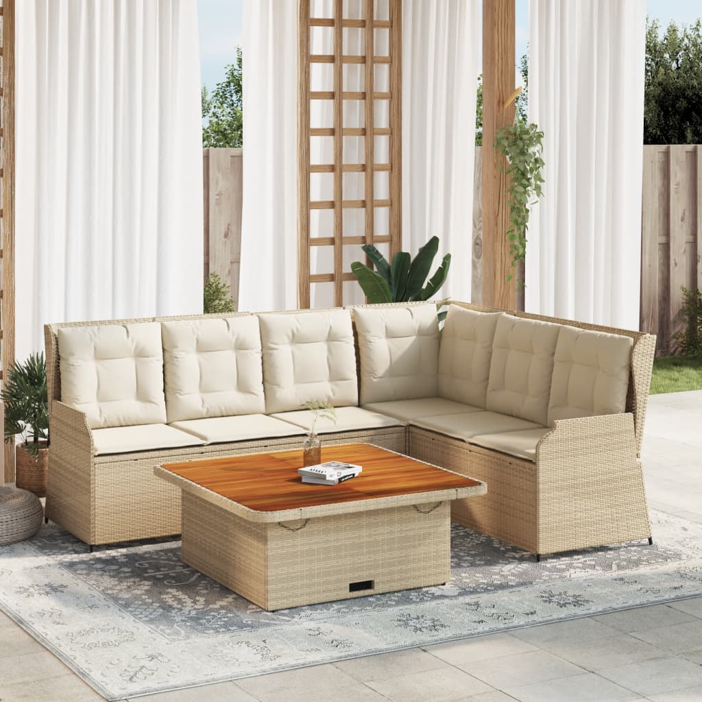 5 Pcs conjunto lounge p/ jardim com almofadões vime PE bege