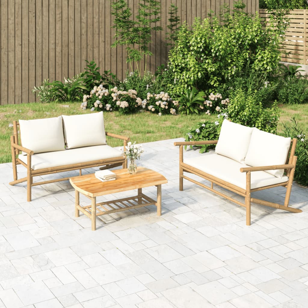 2 Pcs conjunto lounge de jardim bambu c/ almofadões branco nata