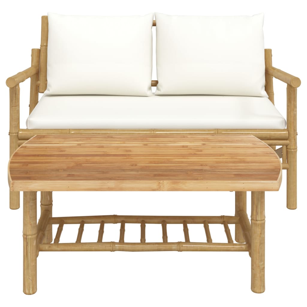 2 Pcs conjunto lounge de jardim bambu c/ almofadões branco nata