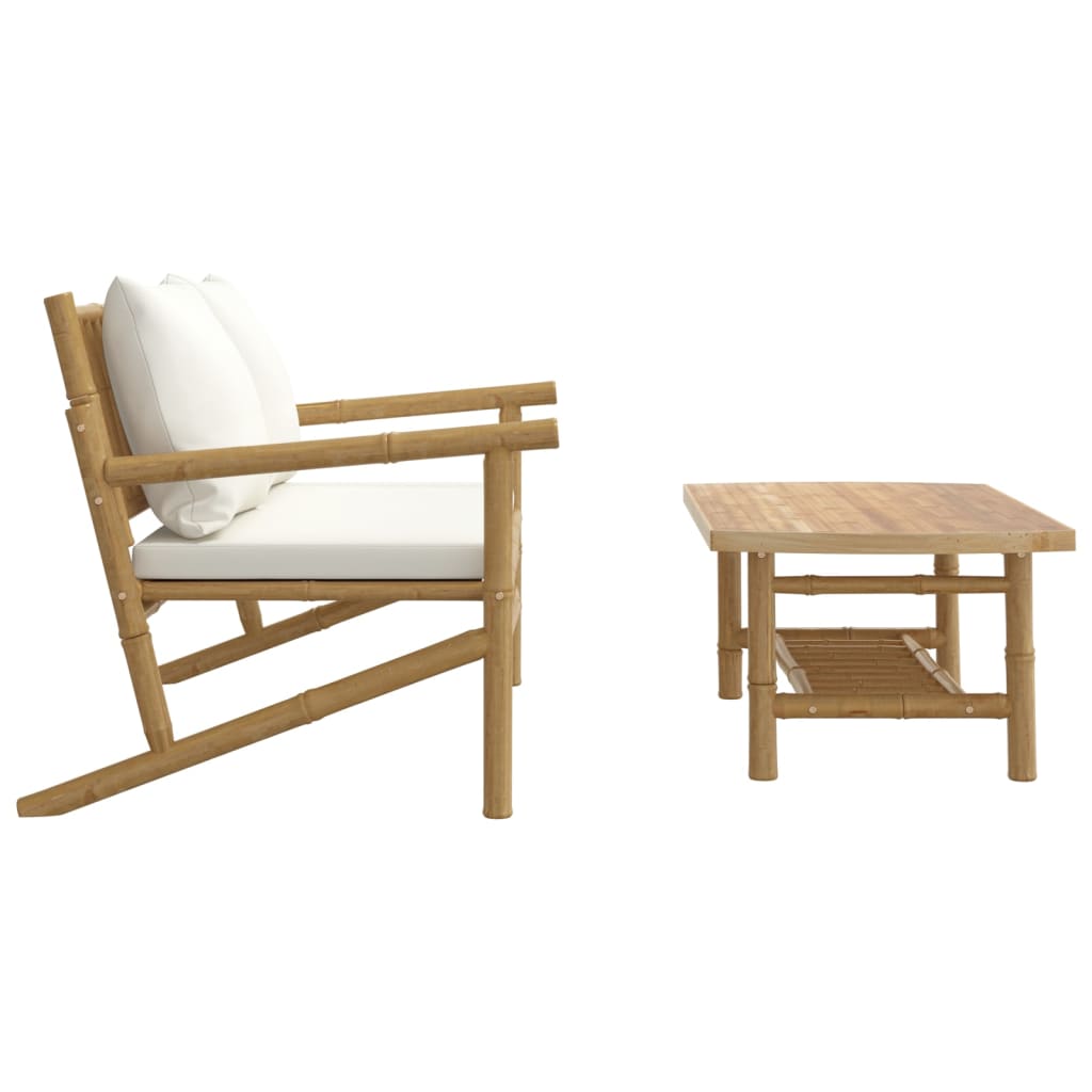 2 Pcs conjunto lounge de jardim bambu c/ almofadões branco nata