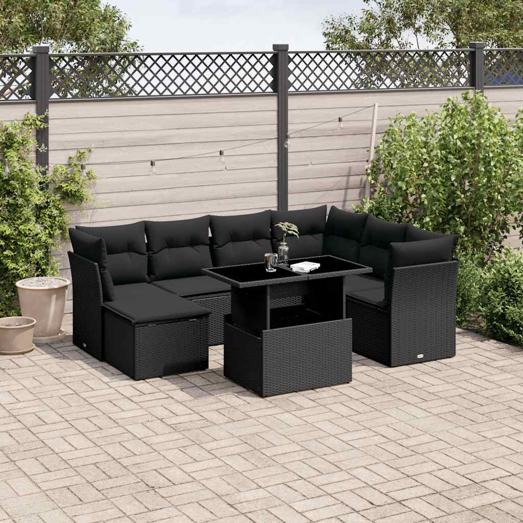 8 Pcs conjunto sofás de jardim com almofadões vime PE preto