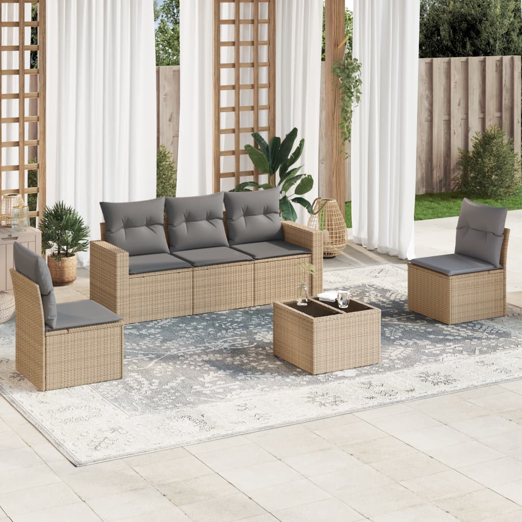 6 Pcs conjunto de sofás p/ jardim com almofadões vime PE bege
