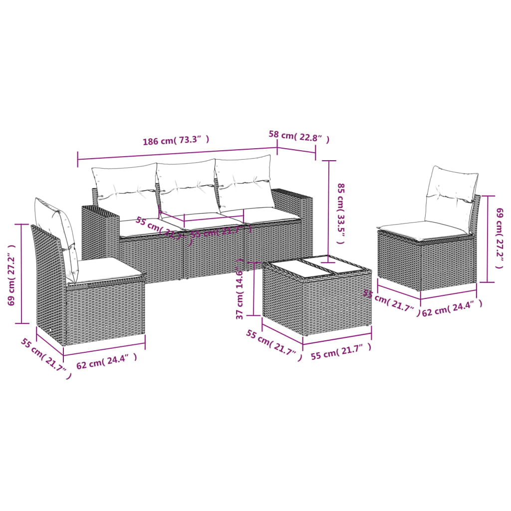 6 Pcs conjunto de sofás p/ jardim com almofadões vime PE bege