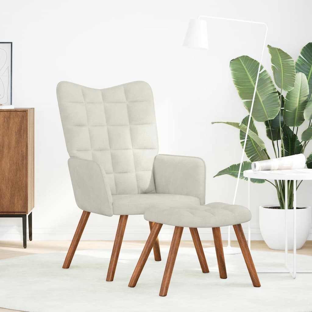 Cadeira relaxante com banco em veludo creme