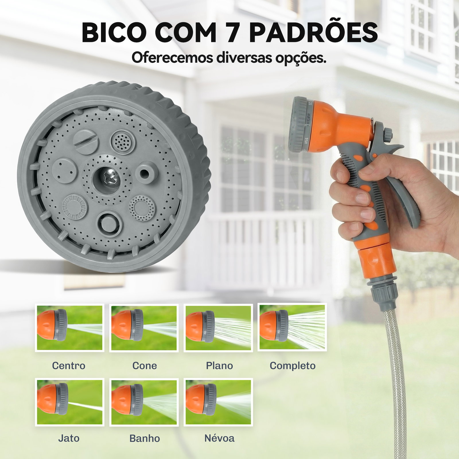 Mangueira retrátil de parede com carretel de 10+1 m com retorno automático e bocal de 7 funções giratório a 180°