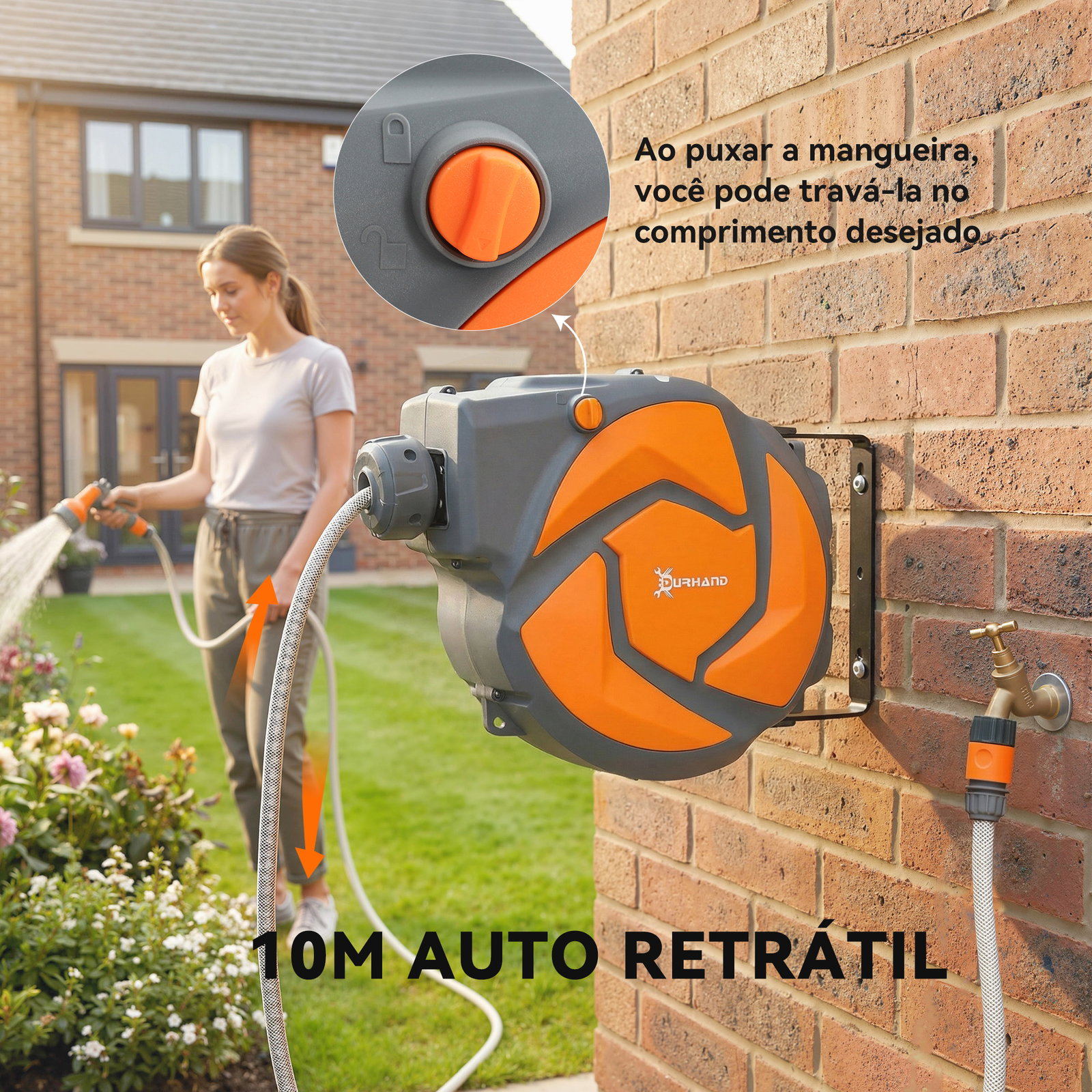 Mangueira retrátil de parede com carretel de 10+1 m com retorno automático e bocal de 7 funções giratório a 180°