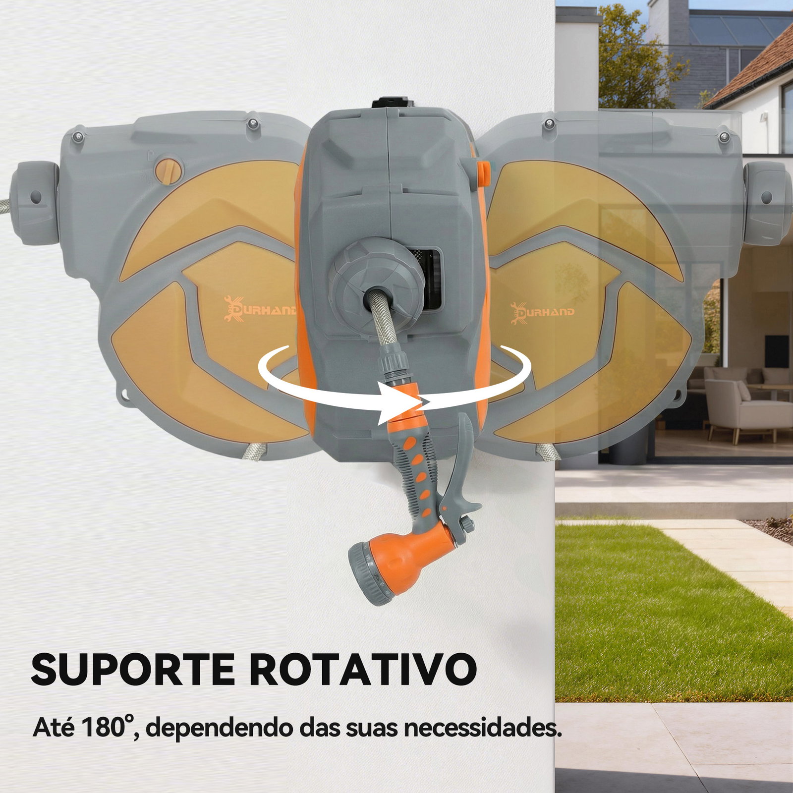 Mangueira retrátil de parede com carretel de 10+1 m com retorno automático e bocal de 7 funções giratório a 180°