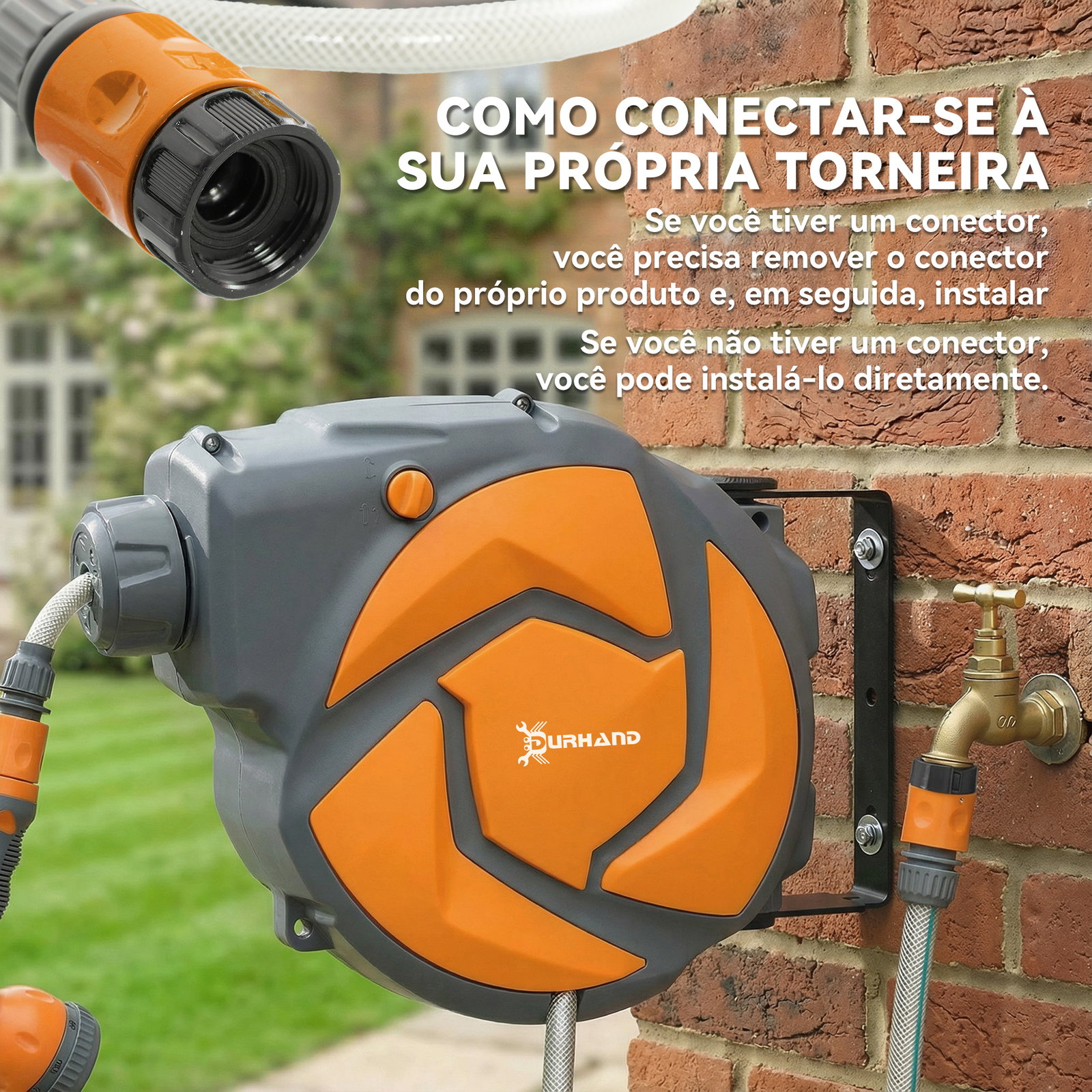 Mangueira retrátil de parede com carretel de 10+1 m com retorno automático e bocal de 7 funções giratório a 180°