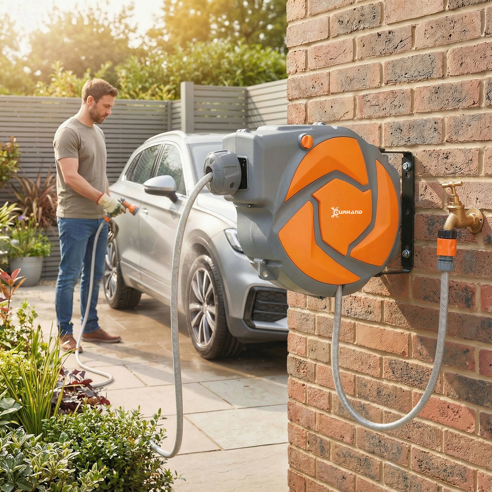Mangueira retrátil de parede com carretel de 10+1 m com retorno automático e bocal de 7 funções giratório a 180°