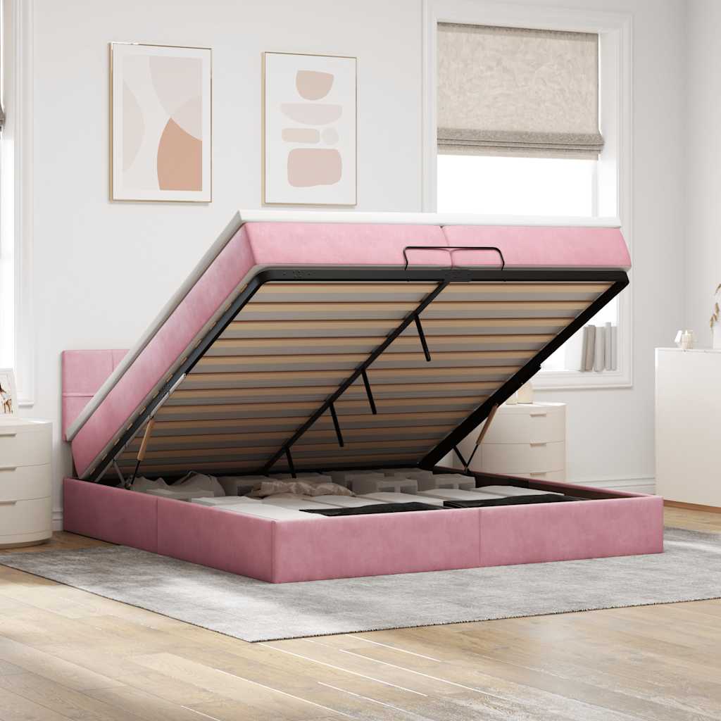 Moldura de cama otomana com colchão rosa 200x200cm veludo