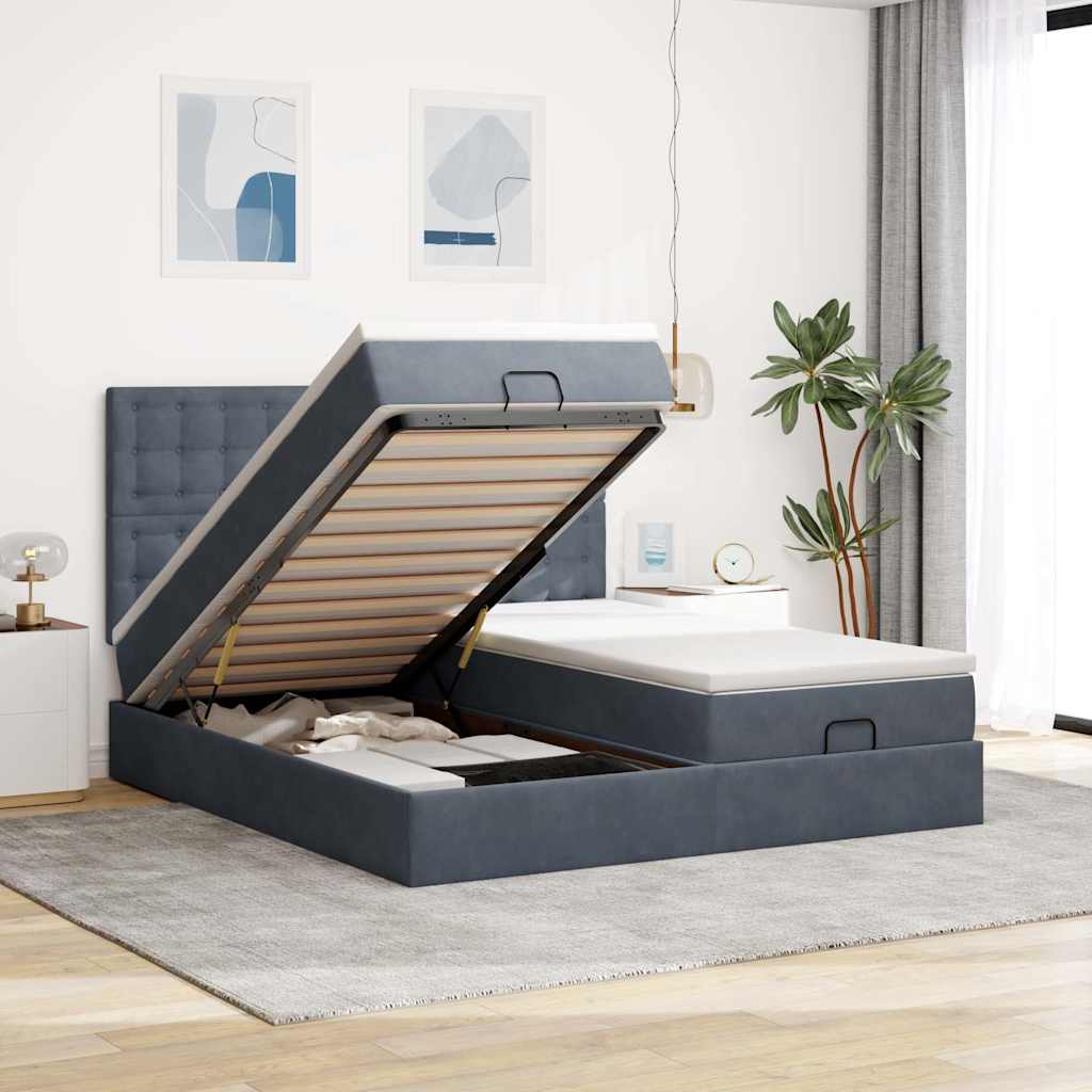 Moldura de cama otomana com colchão cinza escuro veludo