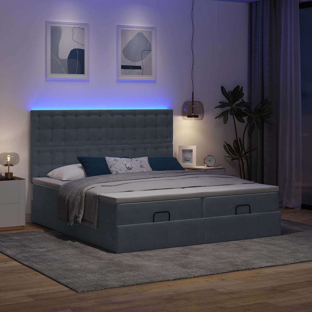 Moldura de cama otomana com colchão cinza escuro veludo