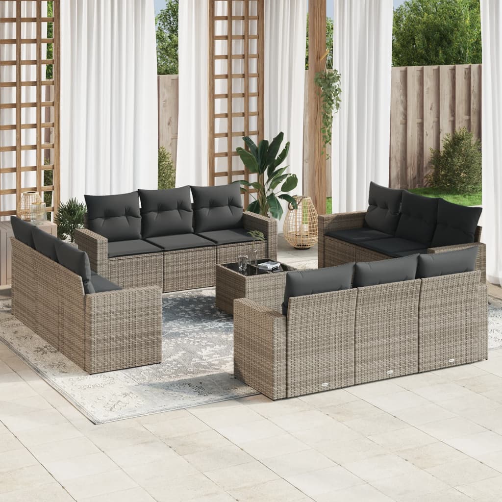 13 Pcs conjunto sofás p/ jardim c/ almofadões vime PE cinzento
