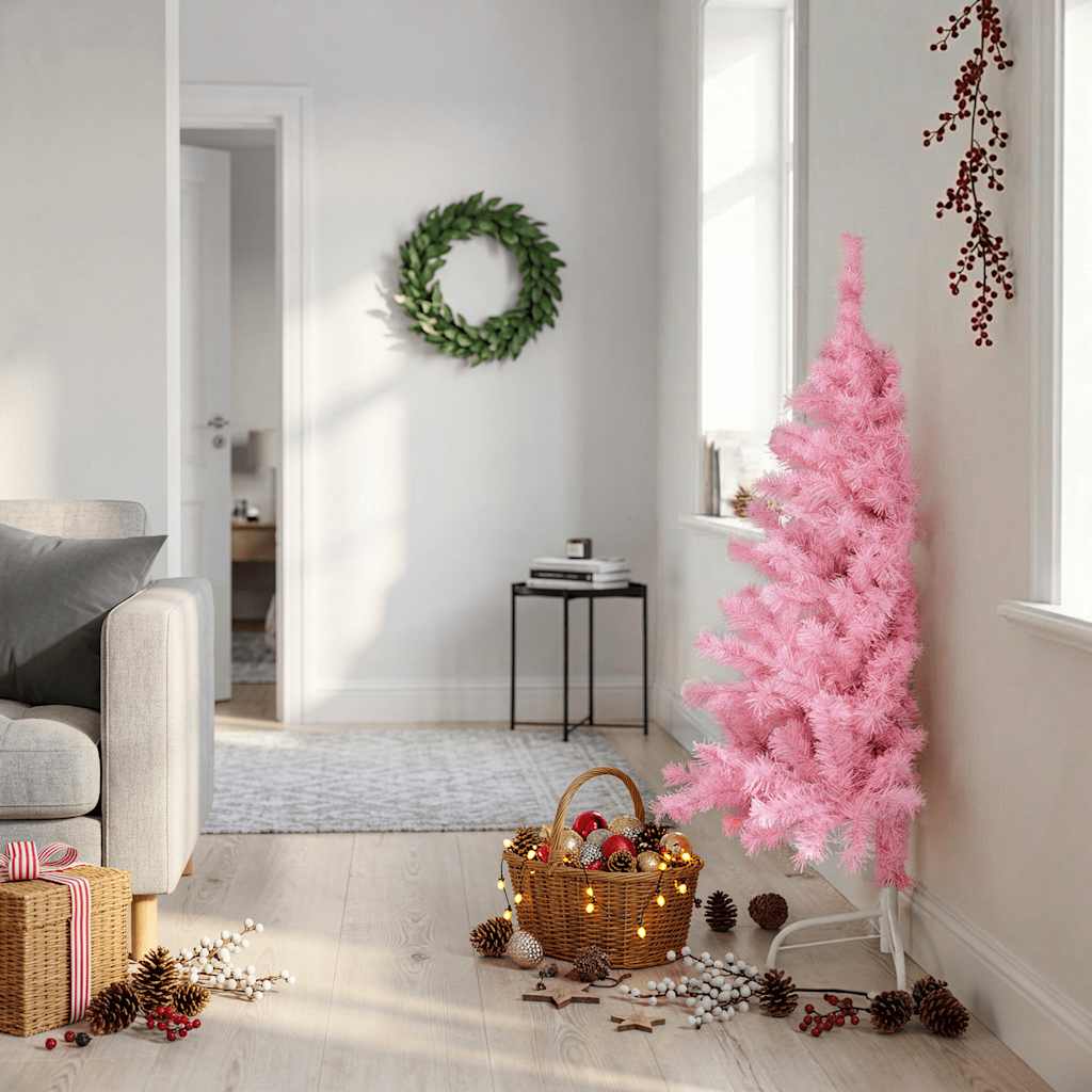 Meia árvore de natal artificial com suporte 120 cm PVC rosa