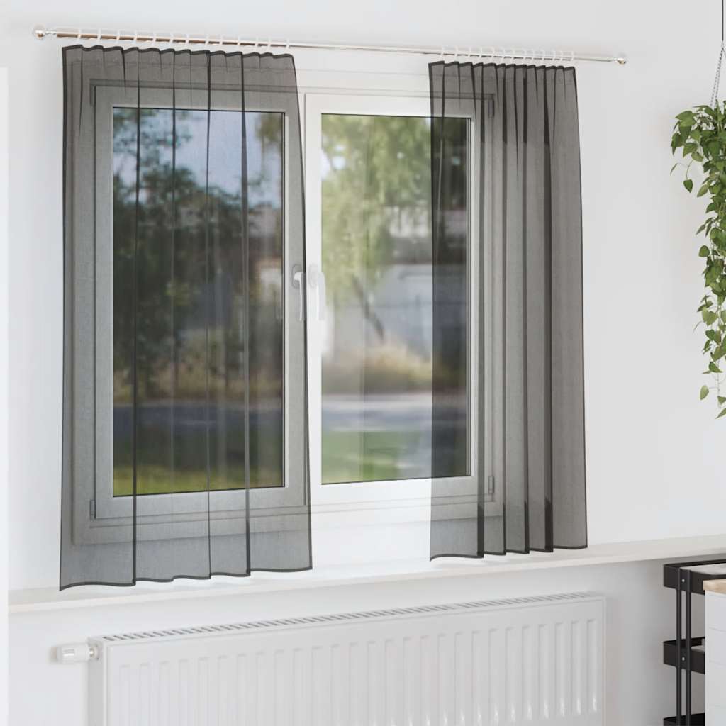 Cortinas de voile com bolsos para varão 2 pcs preto