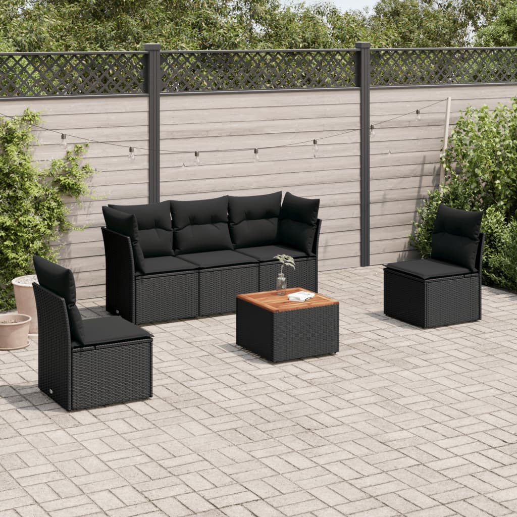6 Pcs conjunto sofás de jardim c/ almofadões vime PE preto