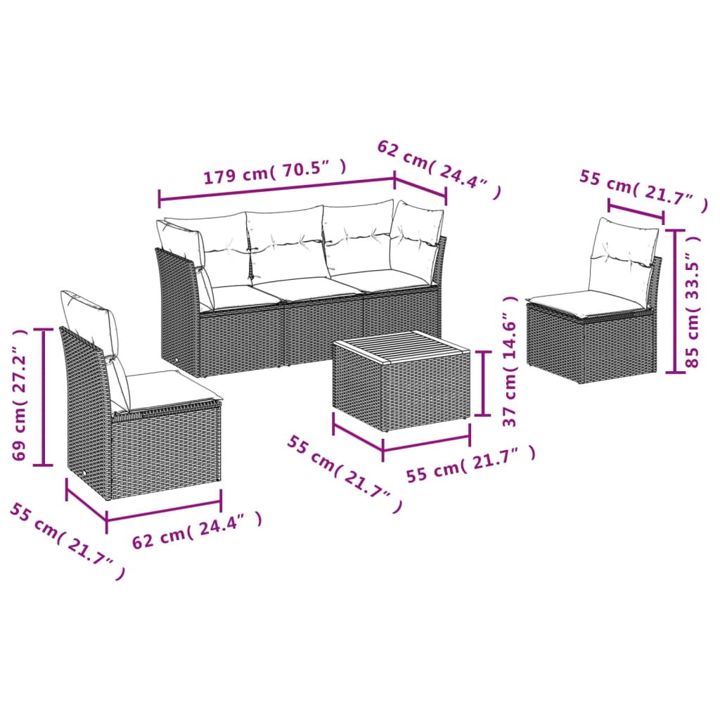 6 Pcs conjunto sofás de jardim c/ almofadões vime PE preto