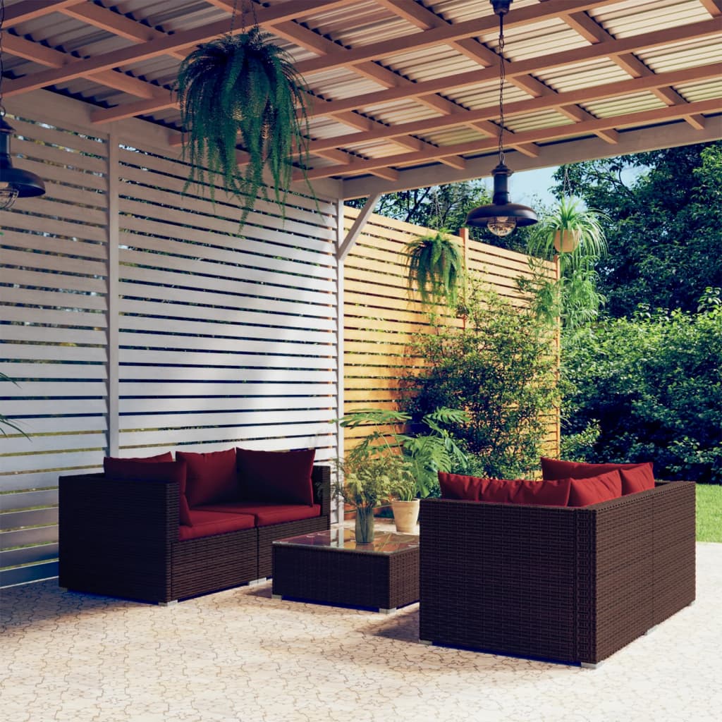 5 Pcs conjunto lounge de jardim c/ almofadões vime PE castanho