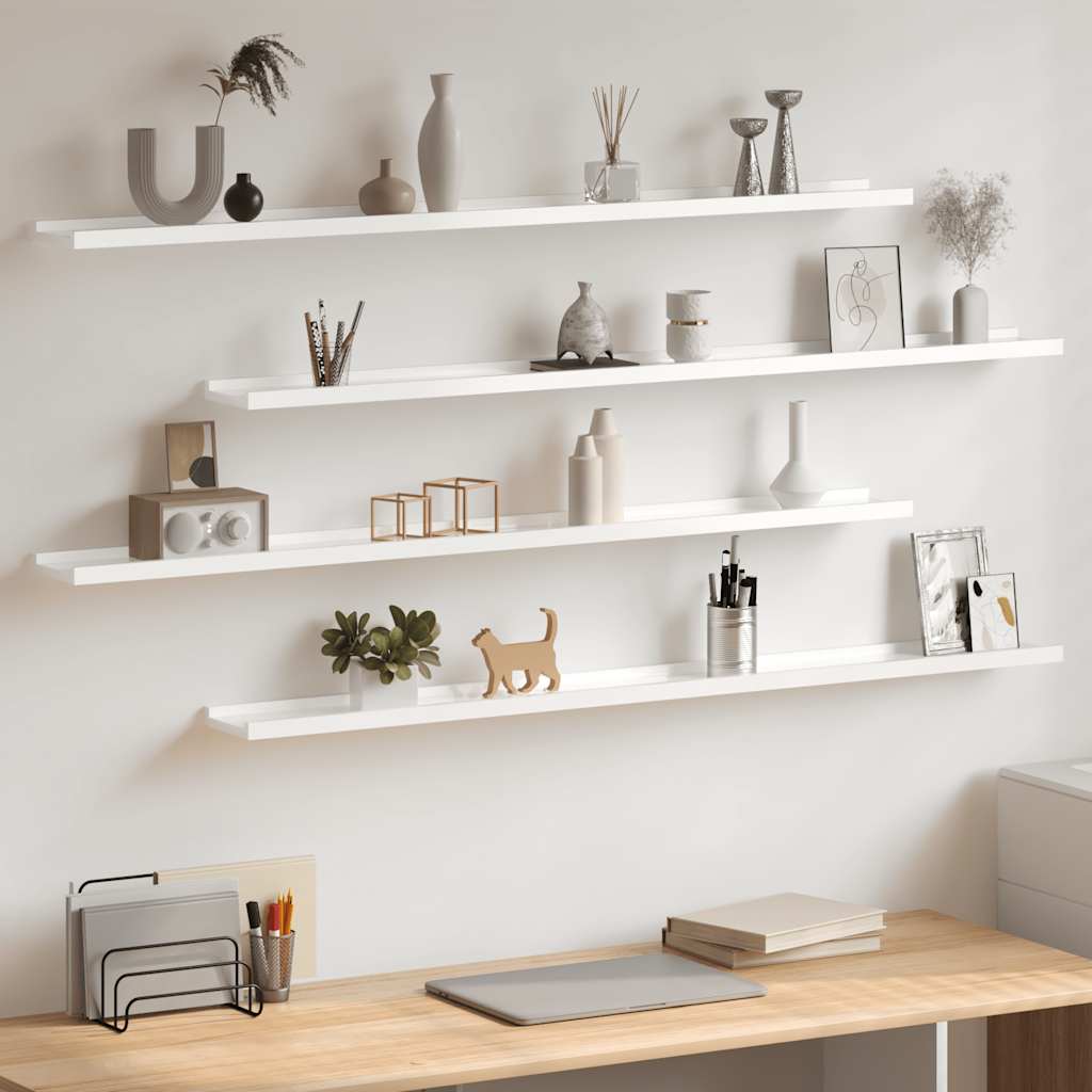 Prateleiras de parede 4 pcs 115x9x3 cm branco brilhante