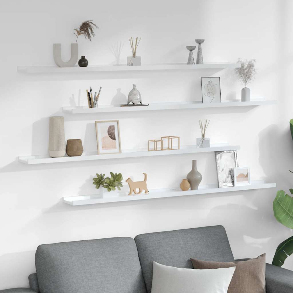 Prateleiras de parede 4 pcs 115x9x3 cm branco brilhante