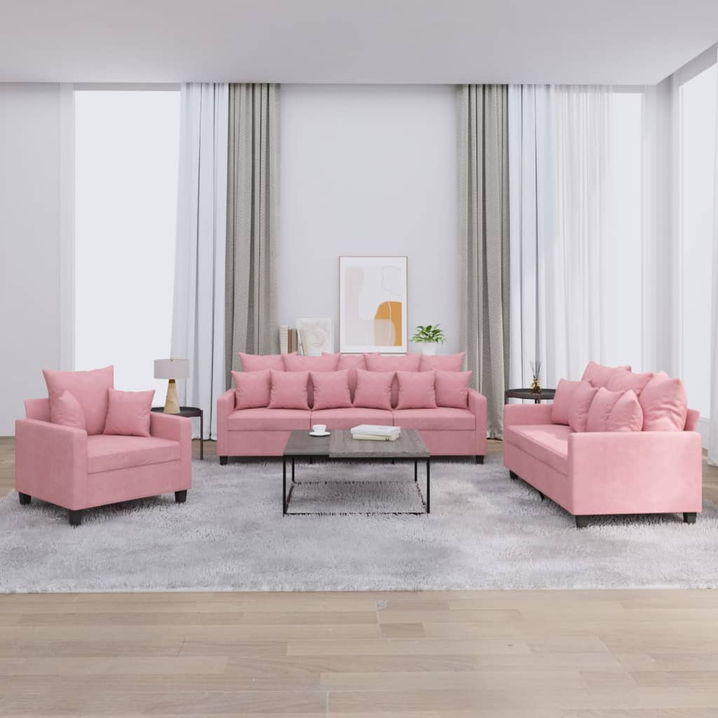 3 Pcs conjunto de sofás com almofadões veludo rosa