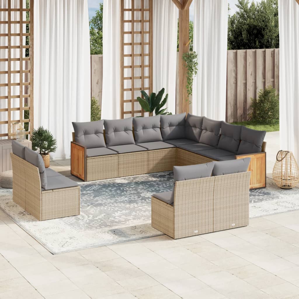 11 Pcs conjunto sofás de jardim c/ almofadões vime PE bege