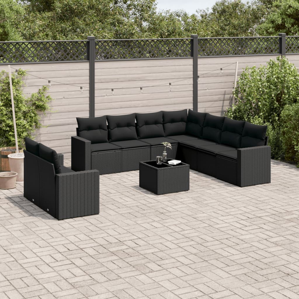 10 Pcs conjunto sofás de jardim c/ almofadões vime PE preto
