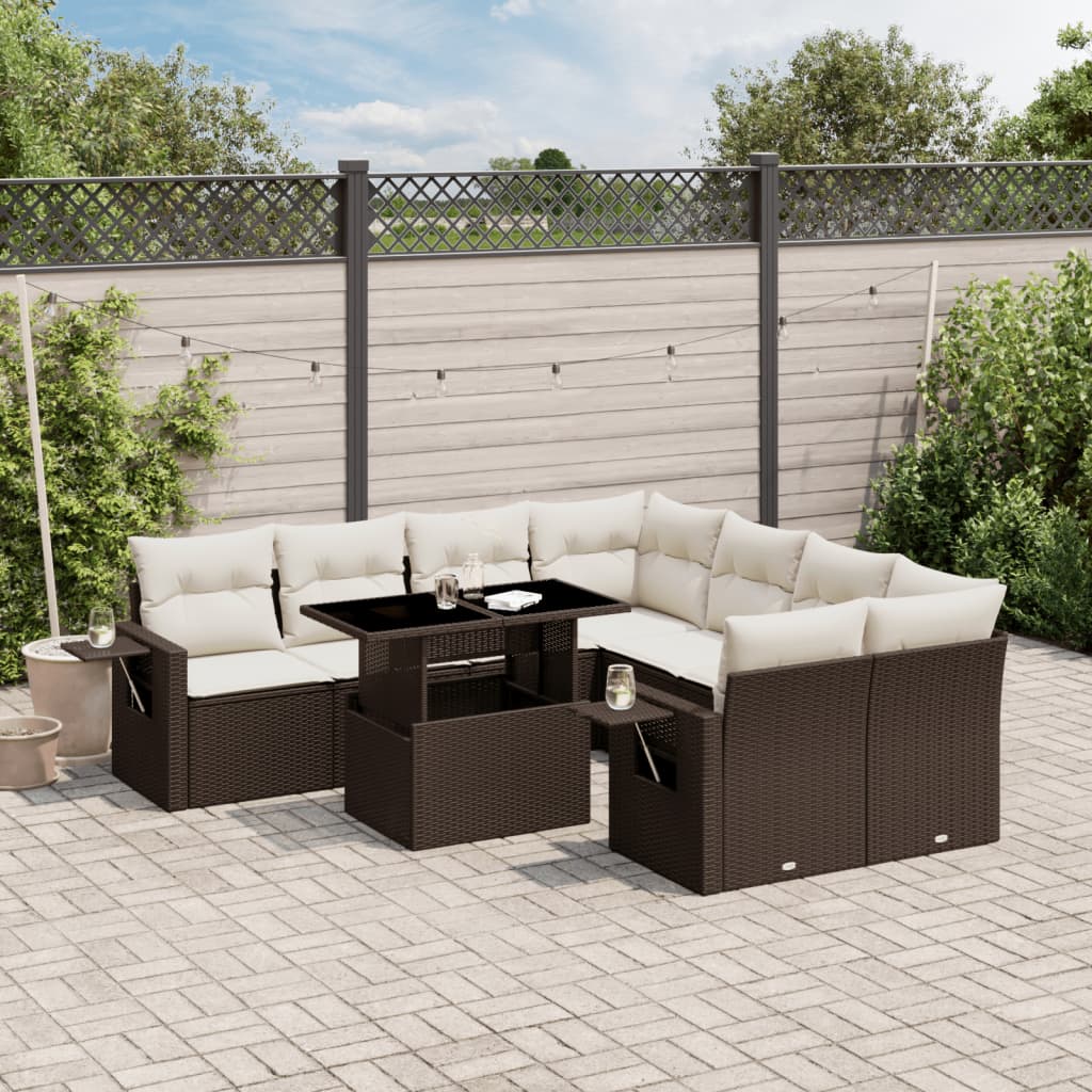9 Pcs conjunto sofás p/ jardim c/ almofadões vime PE castanho