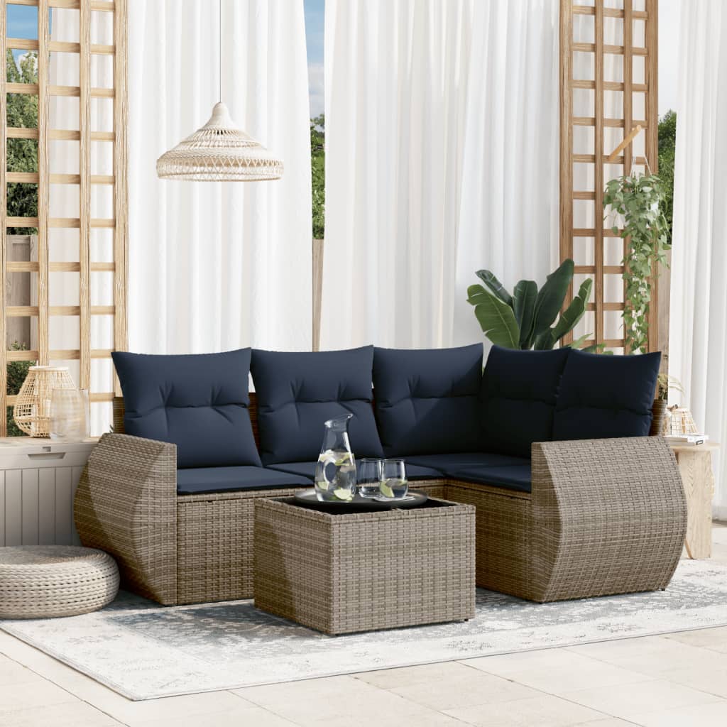 Conjunto de sofá de jardim de 5 peças com almofadas em rattan sintético cinza