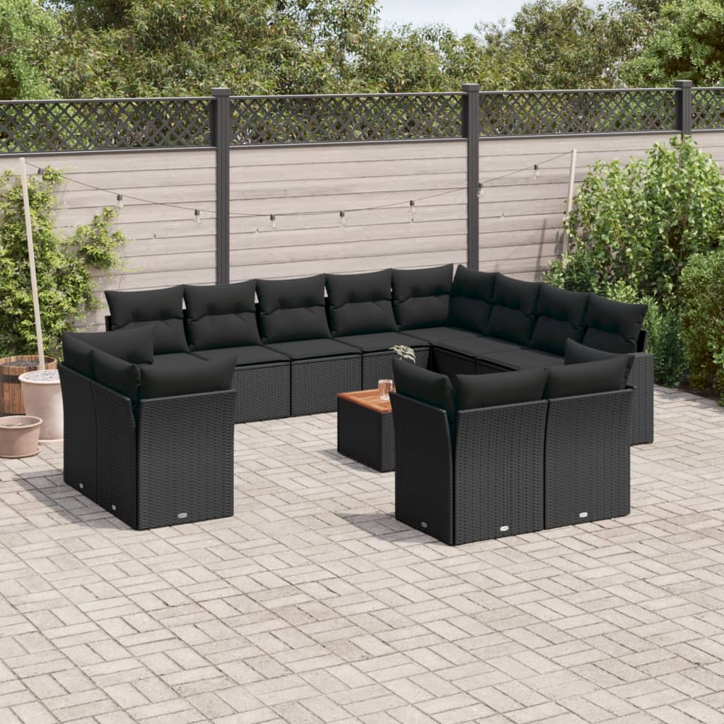 13 Pcs conjunto de sofás de jardim com almofadões vime PE preto