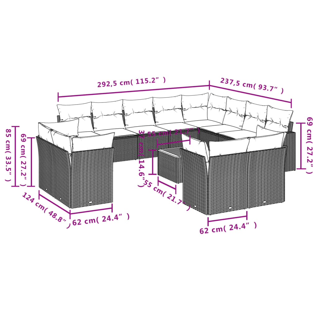 13 Pcs conjunto de sofás de jardim com almofadões vime PE preto