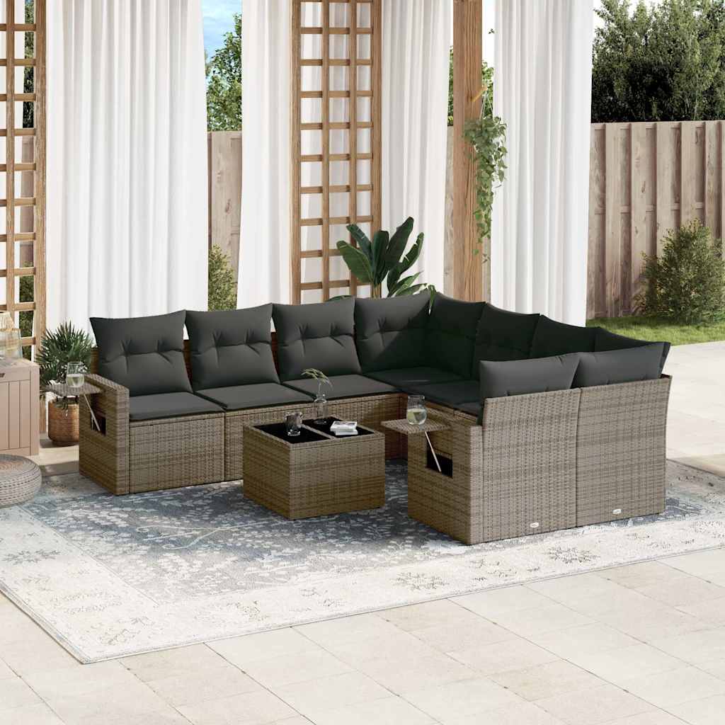 9 Pcs conjunto sofás p/ jardim com almofadões vime PE cinzento
