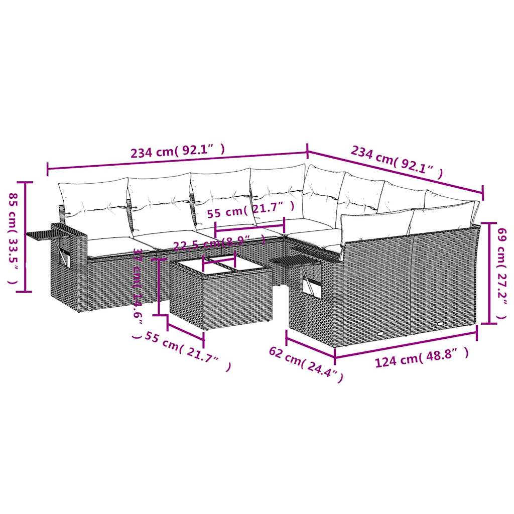 9 Pcs conjunto sofás p/ jardim com almofadões vime PE cinzento