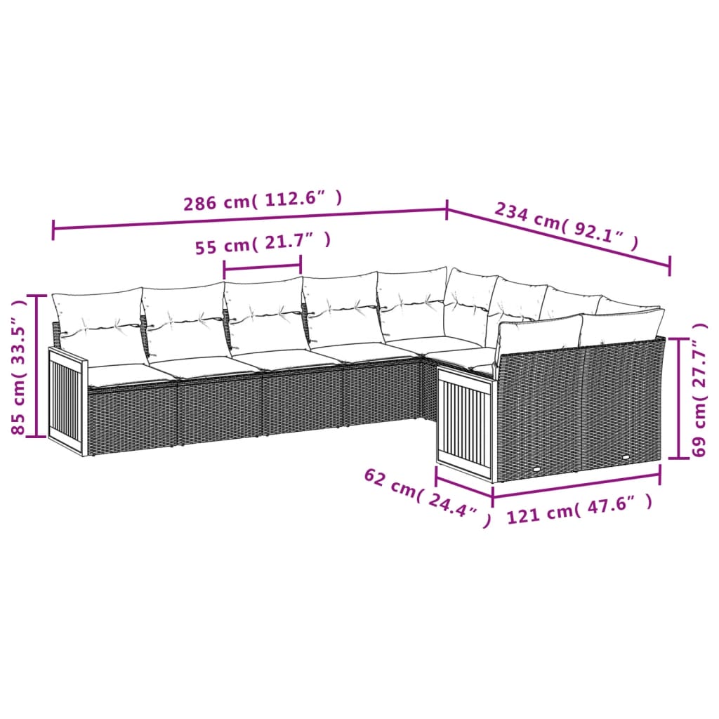 9 Pcs conjunto de sofás p/ jardim com almofadões vime PE bege