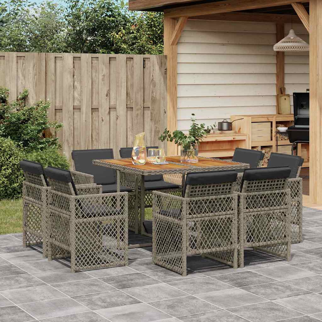 9 Pcs conjunto de jantar p/ jardim c/ almofadões vime PE cinza